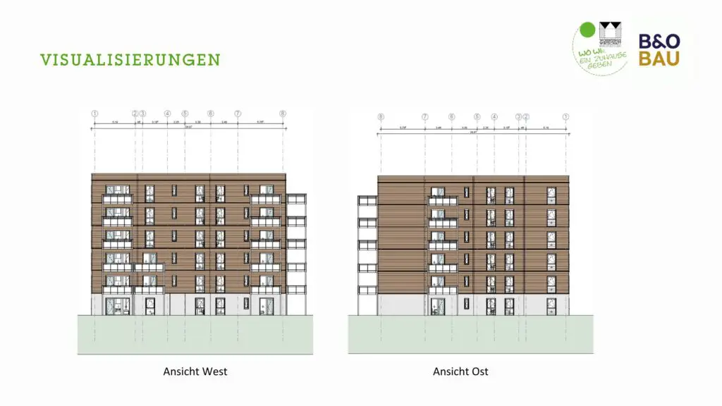 Visualisierung des Holzbauprojekts Poetensteig: West- und Ostansicht des Neubaus mit Holzfassade und Balkonen, erstellt von B&O Bau.