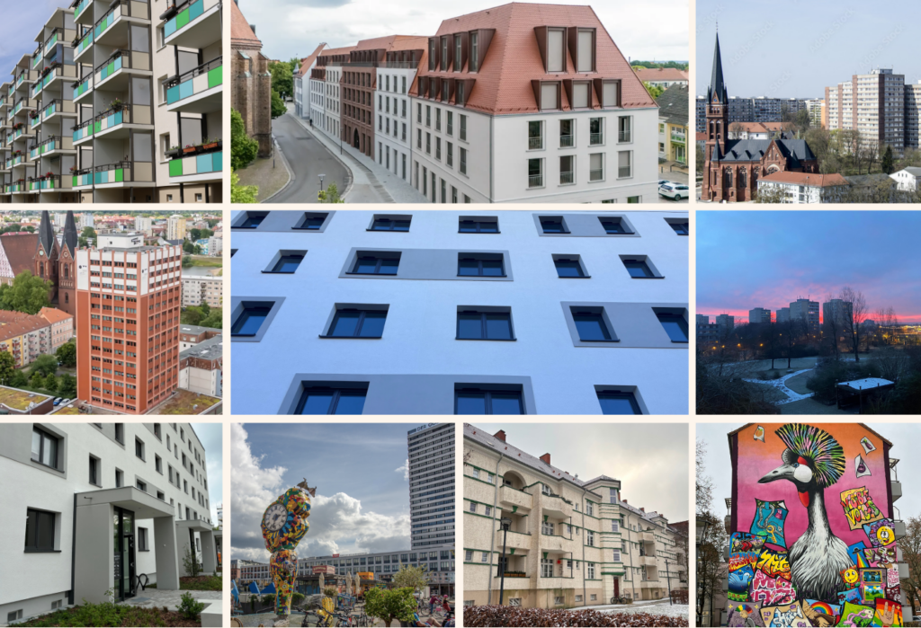 WOWI-Fotokalender Aktion: Collage of architectural photos, including apartments, buildings, a church, and street art for the Fotowettbewerb.